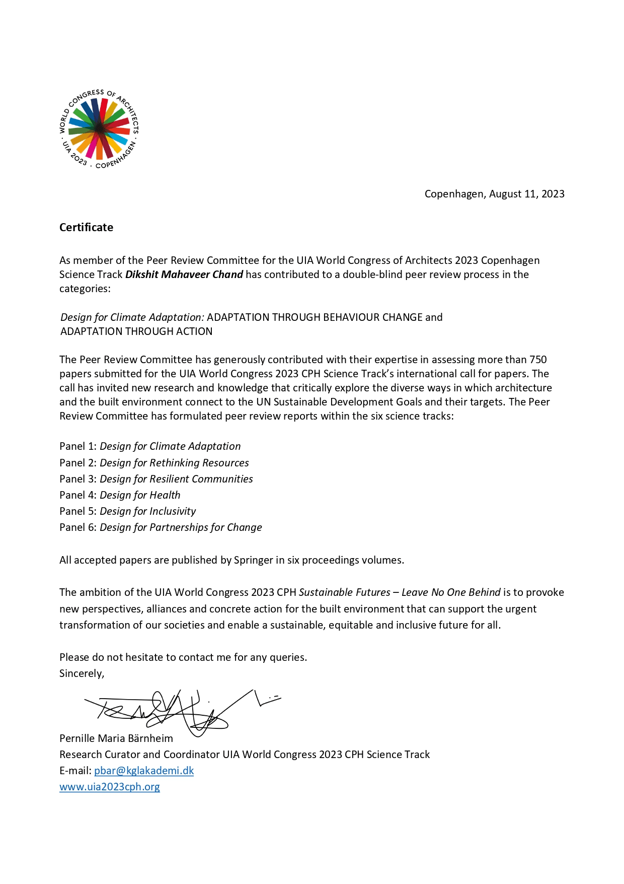 Dikshit Badolla, selected as a Peer reviewer for UIA World Congress of Architects 2023, Copenhagen.