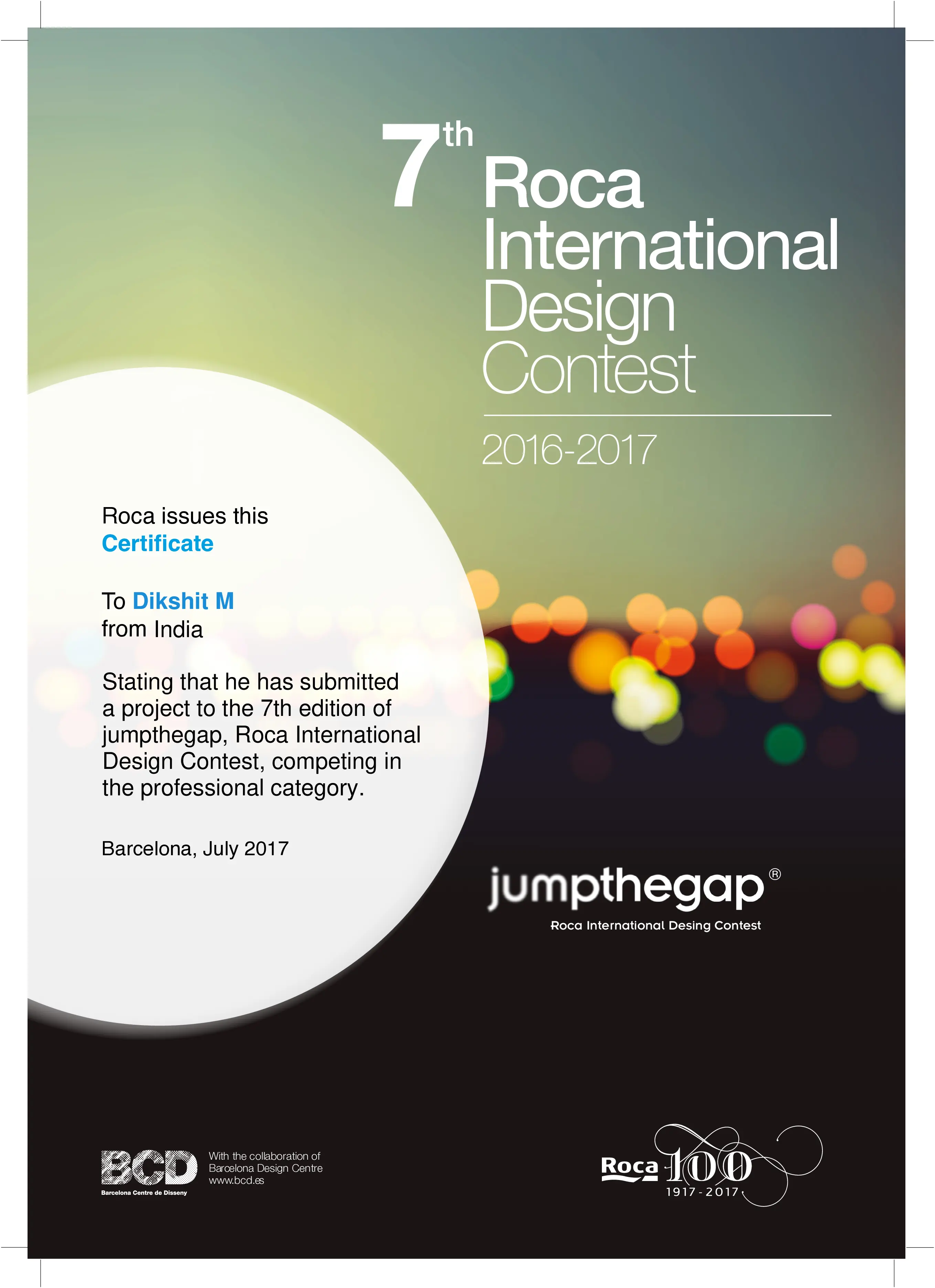 Dikshit Badolla, certified by Roca International Design Contest, Barcelona